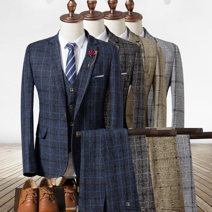 Mens plaid three-piece set Wedding Banquet Men Suit Jacket + Pants + Vest S M L XL XXL XXXL