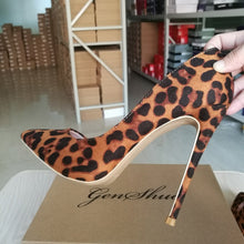 Load image into Gallery viewer, High Heels Shoes Women Pumps Flock Leopard Print Sexy Stilettos 10 12cm Party Heeled Designer Shoes Plus Big Size 11 12