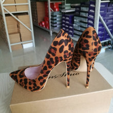 Load image into Gallery viewer, High Heels Shoes Women Pumps Flock Leopard Print Sexy Stilettos 10 12cm Party Heeled Designer Shoes Plus Big Size 11 12