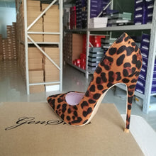 Load image into Gallery viewer, High Heels Shoes Women Pumps Flock Leopard Print Sexy Stilettos 10 12cm Party Heeled Designer Shoes Plus Big Size 11 12