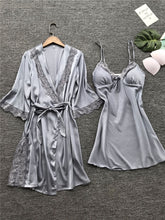 Load image into Gallery viewer, Sexy Lace Silk Women Robe &amp; Gown Sets 2 Pieces Sleep Set Summer Satin Kimono Lingerie Nightwear Female Sleepwear Robe Suit