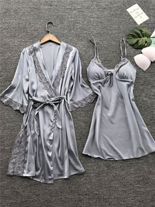 Sexy Lace Silk Women Robe & Gown Sets 2 Pieces Sleep Set Summer Satin Kimono Lingerie Nightwear Female Sleepwear Robe Suit