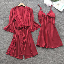 Load image into Gallery viewer, Sexy Lace Silk Women Robe &amp; Gown Sets 2 Pieces Sleep Set Summer Satin Kimono Lingerie Nightwear Female Sleepwear Robe Suit