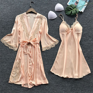 Sexy Lace Silk Women Robe & Gown Sets 2 Pieces Sleep Set Summer Satin Kimono Lingerie Nightwear Female Sleepwear Robe Suit