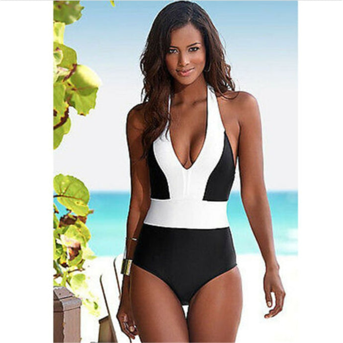 New One Piece Halter Brazilian Swimsuit Black White Patchwork Push Up Bathing Suit