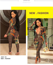 Load image into Gallery viewer, 2019 New Sexy Stand Neck Skinny Rompers Zippers Long Sleeve Print Womens Jumpsuit Streetwear Plus Size Ladies Jumpsuits Overalls