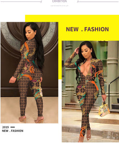 2019 New Sexy Stand Neck Skinny Rompers Zippers Long Sleeve Print Womens Jumpsuit Streetwear Plus Size Ladies Jumpsuits Overalls