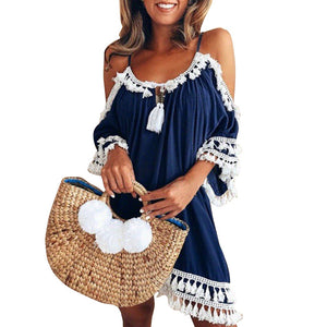 Free Ostrich 2019 Women Off Shoulder Dress Tassel Short Cocktail Party Beach Dresses Sundress Fashion Ethnic Style Tassel Dress