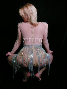 Shining Big Crystals Mesh Sexy Bodysuit Sparkly Rhinestones Chains Fringes Outfit Nightclub Party Wear See Through Costume