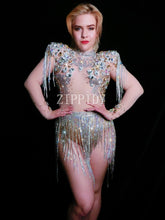 Load image into Gallery viewer, Shining Big Crystals Mesh Sexy Bodysuit Sparkly Rhinestones Chains Fringes Outfit Nightclub Party Wear See Through Costume