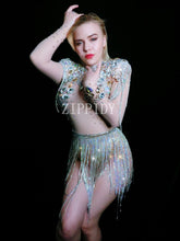 Load image into Gallery viewer, Shining Big Crystals Mesh Sexy Bodysuit Sparkly Rhinestones Chains Fringes Outfit Nightclub Party Wear See Through Costume