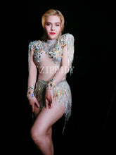 Load image into Gallery viewer, Shining Big Crystals Mesh Sexy Bodysuit Sparkly Rhinestones Chains Fringes Outfit Nightclub Party Wear See Through Costume