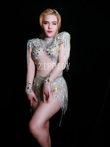 Shining Big Crystals Mesh Sexy Bodysuit Sparkly Rhinestones Chains Fringes Outfit Nightclub Party Wear See Through Costume