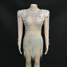 Load image into Gallery viewer, Shining Big Crystals Mesh Sexy Bodysuit Sparkly Rhinestones Chains Fringes Outfit Nightclub Party Wear See Through Costume