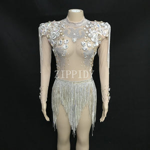 Shining Big Crystals Mesh Sexy Bodysuit Sparkly Rhinestones Chains Fringes Outfit Nightclub Party Wear See Through Costume