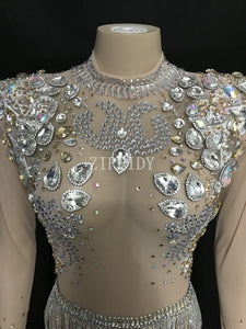 Shining Big Crystals Mesh Sexy Bodysuit Sparkly Rhinestones Chains Fringes Outfit Nightclub Party Wear See Through Costume