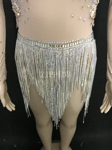 Shining Big Crystals Mesh Sexy Bodysuit Sparkly Rhinestones Chains Fringes Outfit Nightclub Party Wear See Through Costume