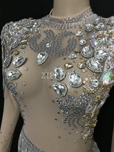 Load image into Gallery viewer, Shining Big Crystals Mesh Sexy Bodysuit Sparkly Rhinestones Chains Fringes Outfit Nightclub Party Wear See Through Costume