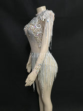 Load image into Gallery viewer, Shining Big Crystals Mesh Sexy Bodysuit Sparkly Rhinestones Chains Fringes Outfit Nightclub Party Wear See Through Costume