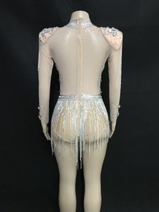 Shining Big Crystals Mesh Sexy Bodysuit Sparkly Rhinestones Chains Fringes Outfit Nightclub Party Wear See Through Costume