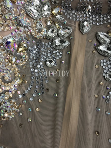 Shining Big Crystals Mesh Sexy Bodysuit Sparkly Rhinestones Chains Fringes Outfit Nightclub Party Wear See Through Costume