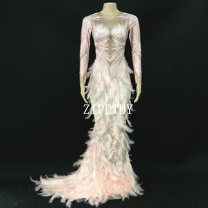 Sparkly Rhinestones Pink Feather Nude Dress Sexy Full Stones Long Big Tail Dress Costume Prom Birthday Celebrate Dresses