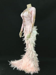 Sparkly Rhinestones Pink Feather Nude Dress Sexy Full Stones Long Big Tail Dress Costume Prom Birthday Celebrate Dresses