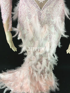 Sparkly Rhinestones Pink Feather Nude Dress Sexy Full Stones Long Big Tail Dress Costume Prom Birthday Celebrate Dresses