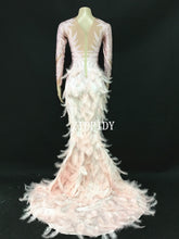 Load image into Gallery viewer, Sparkly Rhinestones Pink Feather Nude Dress Sexy Full Stones Long Big Tail Dress Costume Prom Birthday Celebrate Dresses