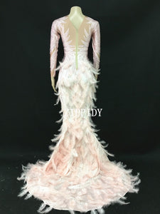 Sparkly Rhinestones Pink Feather Nude Dress Sexy Full Stones Long Big Tail Dress Costume Prom Birthday Celebrate Dresses