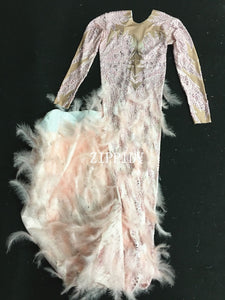 Sparkly Rhinestones Pink Feather Nude Dress Sexy Full Stones Long Big Tail Dress Costume Prom Birthday Celebrate Dresses