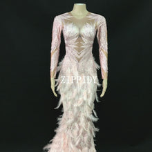 Load image into Gallery viewer, Sparkly Rhinestones Pink Feather Nude Dress Sexy Full Stones Long Big Tail Dress Costume Prom Birthday Celebrate Dresses