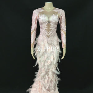 Sparkly Rhinestones Pink Feather Nude Dress Sexy Full Stones Long Big Tail Dress Costume Prom Birthday Celebrate Dresses