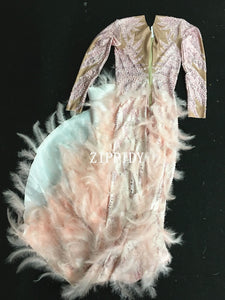 Sparkly Rhinestones Pink Feather Nude Dress Sexy Full Stones Long Big Tail Dress Costume Prom Birthday Celebrate Dresses