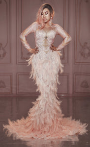 Sparkly Rhinestones Pink Feather Nude Dress Sexy Full Stones Long Big Tail Dress Costume Prom Birthday Celebrate Dresses