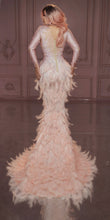 Load image into Gallery viewer, Sparkly Rhinestones Pink Feather Nude Dress Sexy Full Stones Long Big Tail Dress Costume Prom Birthday Celebrate Dresses