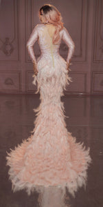 Sparkly Rhinestones Pink Feather Nude Dress Sexy Full Stones Long Big Tail Dress Costume Prom Birthday Celebrate Dresses