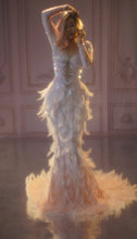 Load image into Gallery viewer, Sparkly Rhinestones Pink Feather Nude Dress Sexy Full Stones Long Big Tail Dress Costume Prom Birthday Celebrate Dresses