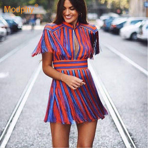 Verão nova moda manga curta borla listra mini vestido sexy vermelho azul listra vestido celebridade pista de festa vestidos