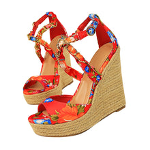 Load image into Gallery viewer, Women Summer 13cm High Heels Wedges Platform Silk Sandals Fetish Luxury Design Pumps Female Satin Strap Heels 2020 Summer Shoes