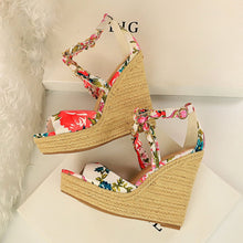 Load image into Gallery viewer, Women Summer 13cm High Heels Wedges Platform Silk Sandals Fetish Luxury Design Pumps Female Satin Strap Heels 2020 Summer Shoes