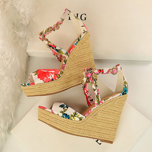 Women Summer 13cm High Heels Wedges Platform Silk Sandals Fetish Luxury Design Pumps Female Satin Strap Heels 2020 Summer Shoes