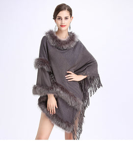 New Fashion Women Spring  Faux Fur Bat Sleeve Ponchos And Capes Pink Round-Neck Knit Sweater And Pullovers Faux Fur Coat Wedding