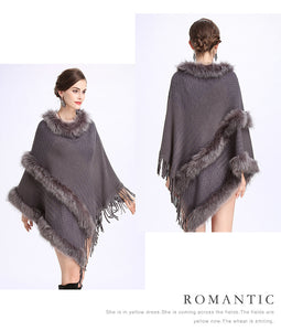 New Fashion Women Spring  Faux Fur Bat Sleeve Ponchos And Capes Pink Round-Neck Knit Sweater And Pullovers Faux Fur Coat Wedding