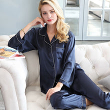 Load image into Gallery viewer, Sexy 100% Genuine Silk Pajama Sets Women Pure Color Long Sleeve 2 Pcs Home Suit Real Mulberry Silk Noble Pyjamas Women Sleepwear