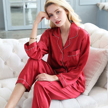 Load image into Gallery viewer, Sexy 100% Genuine Silk Pajama Sets Women Pure Color Long Sleeve 2 Pcs Home Suit Real Mulberry Silk Noble Pyjamas Women Sleepwear