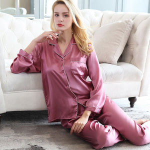 Sexy 100% Genuine Silk Pajama Sets Women Pure Color Long Sleeve 2 Pcs Home Suit Real Mulberry Silk Noble Pyjamas Women Sleepwear