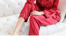 Load image into Gallery viewer, Sexy 100% Genuine Silk Pajama Sets Women Pure Color Long Sleeve 2 Pcs Home Suit Real Mulberry Silk Noble Pyjamas Women Sleepwear