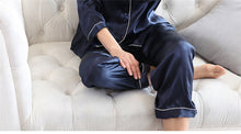 Load image into Gallery viewer, Sexy 100% Genuine Silk Pajama Sets Women Pure Color Long Sleeve 2 Pcs Home Suit Real Mulberry Silk Noble Pyjamas Women Sleepwear