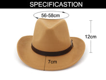 Load image into Gallery viewer, Wide Brim Cowboy Felt Hat Panama Trilby Jazz Fedora Hats with Leather Buckle Plain Woolen Chapeau for Men Women